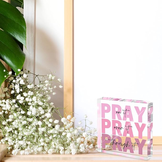 Pink Christian Desktop Decor, Inspirational Gift For Women, Pink Dorm Decor, Women'S Acrylic Office Accessories Decoration, Pray On It, 4x4 Inches