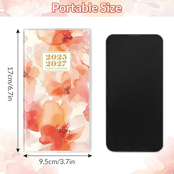 Pocket Calendar 2025-2027, Floral 2026-2027 Monthly Planner - 3.7" x 6.7" - Runs from July 2025 Until December 2027, 2026 Pocket Planner with PVC Cover for Home, School, Office Supplies