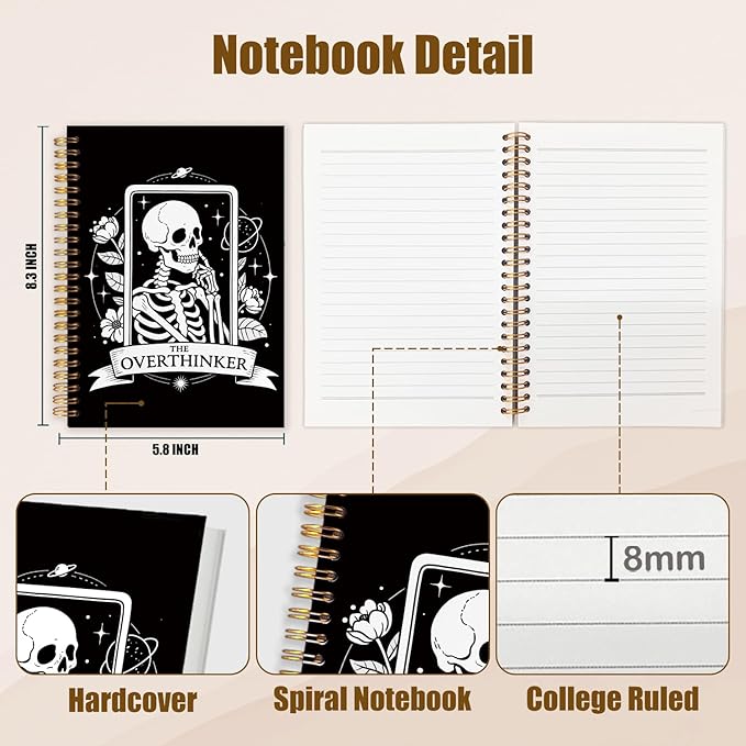 WUCHJ the Overthinker Tarot Card Spiral Notebook Journal, Gothic Goth Skull Notebook Journal, Witchy Journal, Goth Office Supplies, Witchy Stuff Spiral Notebook 5.5x8.3
