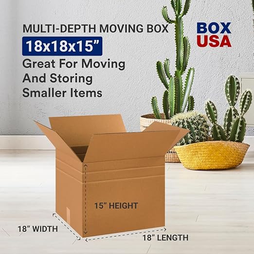 BOX USA Moving Boxes Medium 18"L x 15"W x 15"H 10-Pack - Multi-Depth Corrugated Cardboard Box for Shipping, Mailing, Packing, Packaging and Storage