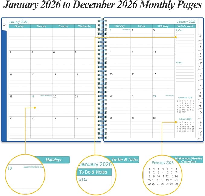 2026 Planner - Planner 2026 from January 2026 to December 2026 with 12 Monthly Tabs, Flexible Cover, Inner Pocket, 8.5" x 11", Blue