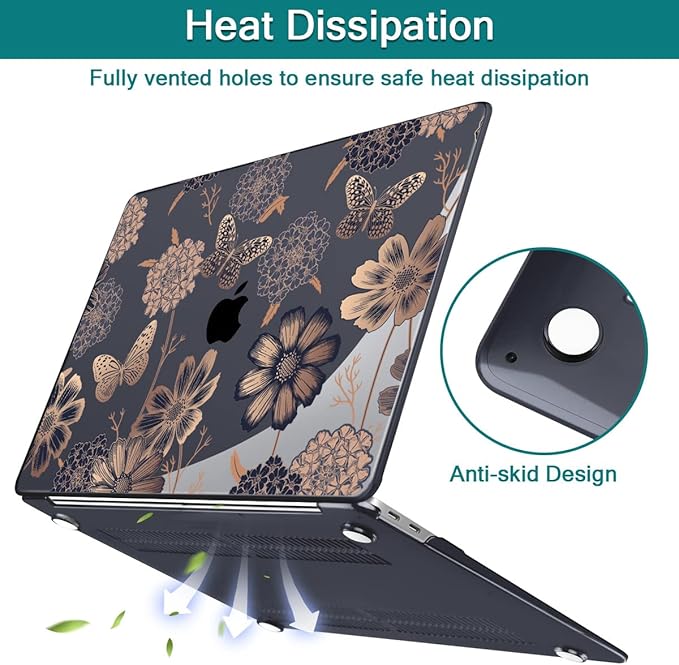 Teryeefi for M1 M2 MacBook Pro 13 inch Case 2022 2020-2016 Release (Model A2338 A2289 A2251 with Touch Bar), Plastic Hard Shell Case & Keyboard Cover & Screen Protector, Gold Flowers