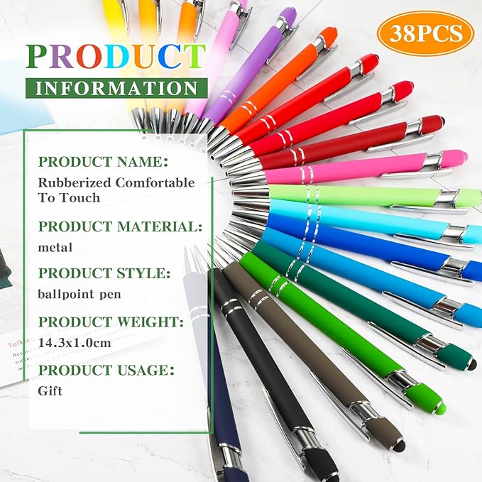 Zonon 38 Pieces Rubberized Ballpoint Pen with Stylus Tip Stylish Metal Pen Capacitive Styli with Soft Rubberized Grip, Black Ink for Most Devices(Assorted Colors)