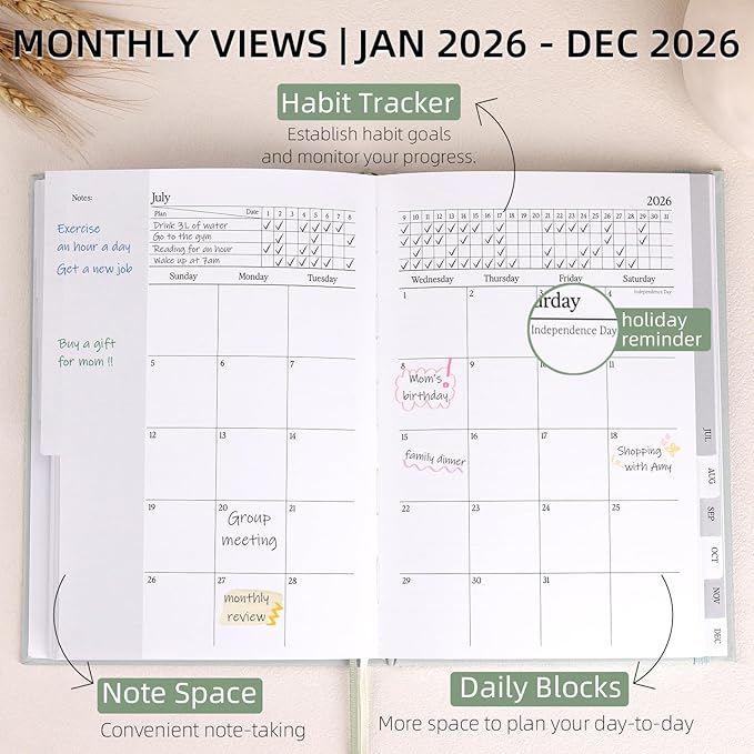 2026 Planner - Weekly and Monthly Planner, January 2026 - December 2026, Linen Hardcover, 2026 Calendar Planner Book with Tabs, Aesthetic, Perfect for Office Home School Supplies (Green, A5)