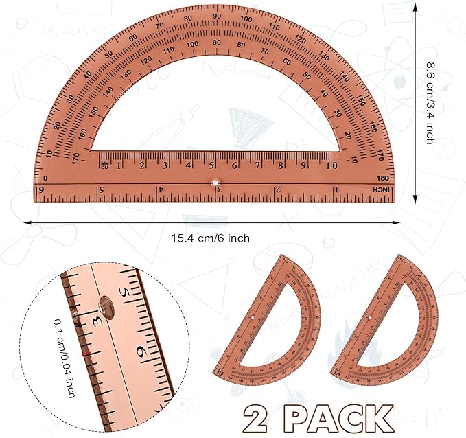 Zonon 2 Pcs 6 Inch Plastic Protractor Math Protractors 180 Degrees Angle Measurement, Translucent for Geometry Classroom Kid Student School Office Supplies(Brown)