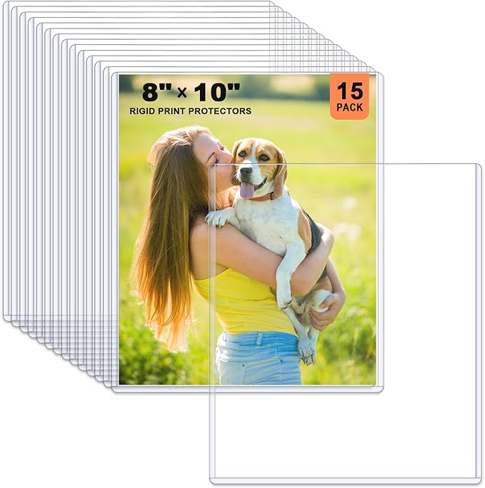 Ndsox 15 Pack 8" x 10" Rigid Print Protectors Clear Hard Plastic Sheet Protectors Top Loading for Photographs, Photo Papers, Posters, Prints, Birth Certificates, Heavy Duty No-Hole Rigid Photo Sleeves