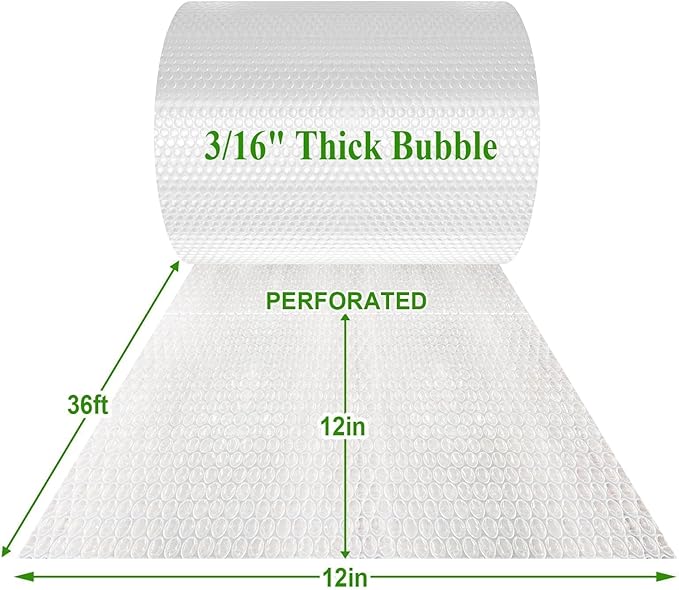 A&A Bubble Packing Wrap Roll 6 Pack, Made in USA, 12 Inch x 72 Feet, Perforated Every 12 Inch, Protective Cushioning for Shipping, Moving and Packing