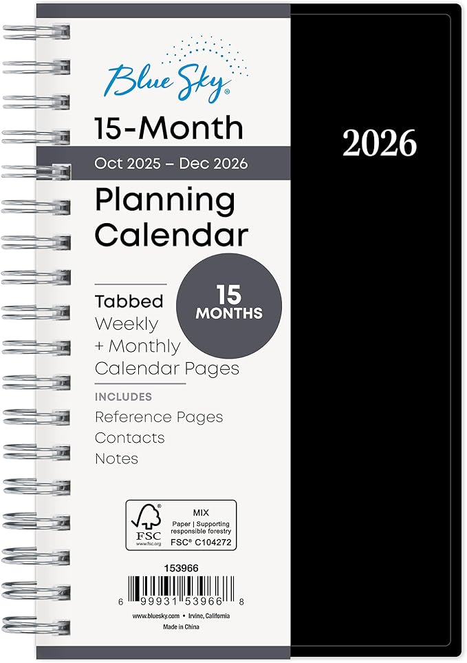 Blue Sky 2026 15-Month Weekly and Monthly Mini Planner Calendar, Includes October 2025 - December 2026, 3.625" x 6.125", Flexible Cover, Wirebound, Laminated Tabs, Enterprise
