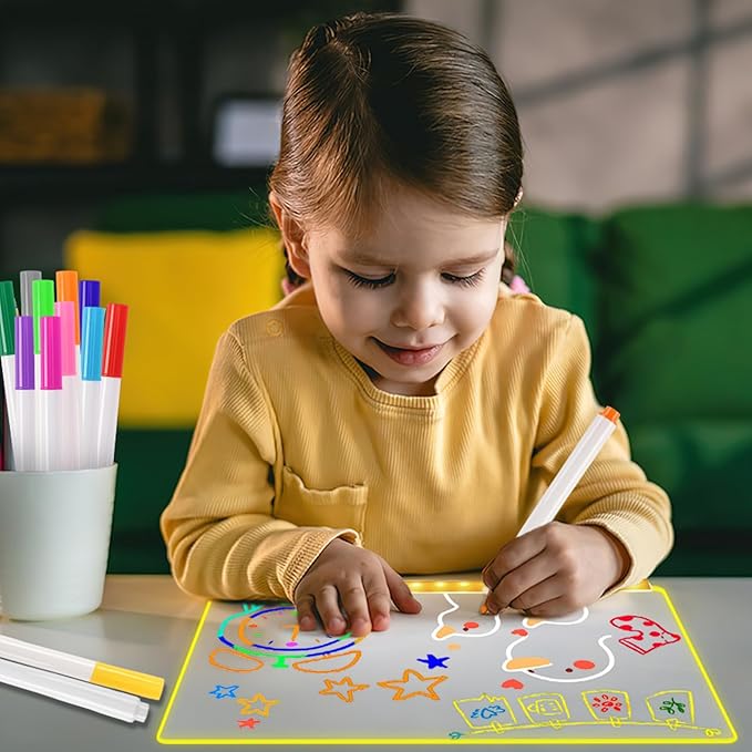 LED Note Board with Colors, 12"x 8" Glowing Acrylic Dry Erase Board with Light, Led Drawing Board with Stand LED Message Writing Board with 7 Markers for Holiday Party Christmas Gift