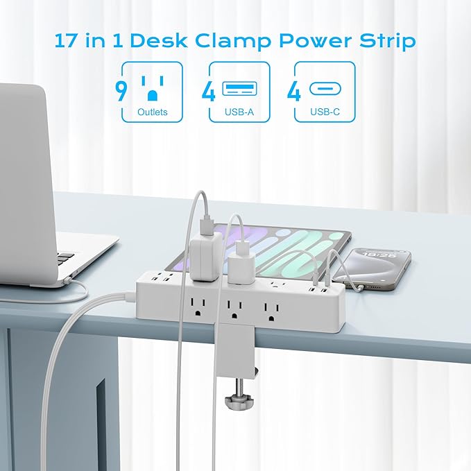 Flat Plug Desk Clamp Power Strip 10FT, 24W Total Charging Station, Desk Edge Mount Power Strip 9 AC Outlets 8 USB Ports Surge Protector, Fit 1.7" Tabletop Edge, Home Office Accessories, White