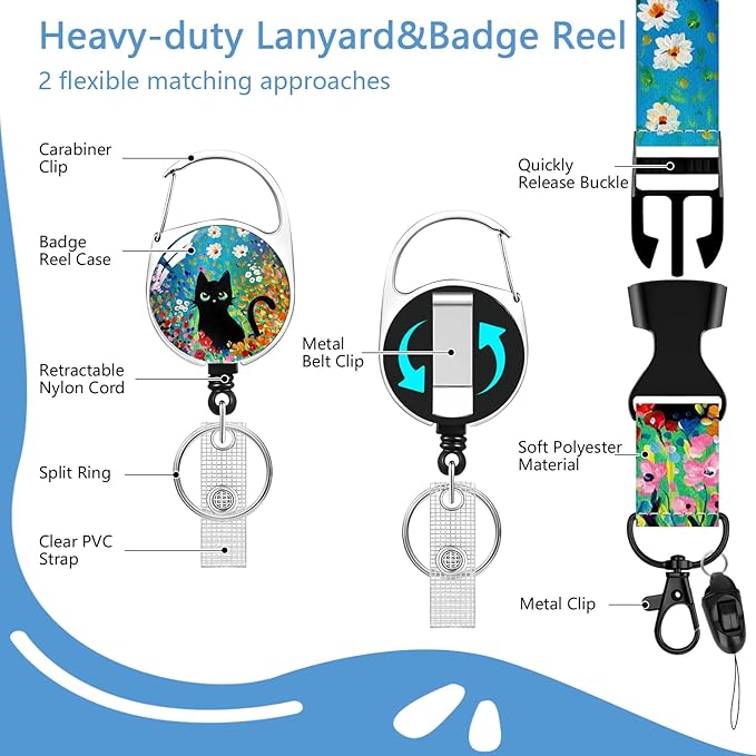 Lanyard with Id Holder, Oil Painting Flower cat Badge Holder with Retractable Lanyard, ID Holder with Badge Reel Clips, Animal Keychain Name Tag Teacher Women Doctor Office Gift