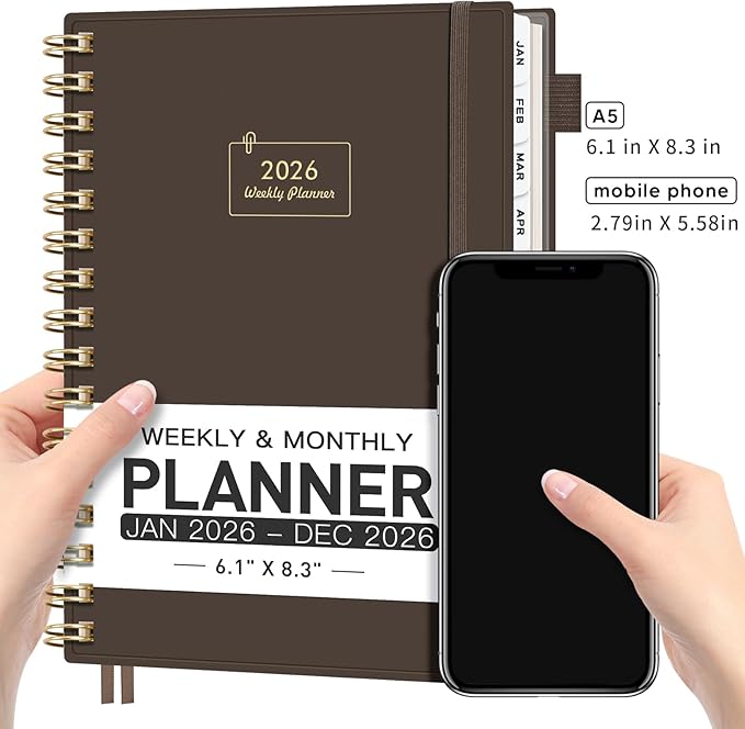 AHGXG 2026 Planner, Weekly and Monthly, Jan 2026 - Dec 2026, 12 Months, 2026 Calendar Planner Book with Tabs for Men Women School Home Office Supplies, A5 (6" X 8.38"), Coffee