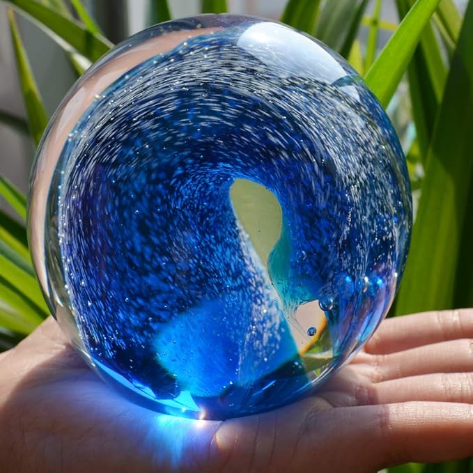 EUSTUMA Hand Blown Glass Figurines Ball Ocean Waves,Paperweight Glass Ball,Home Decor Collectible,Aquarium Decor,Office Decor Ocean Lovers
