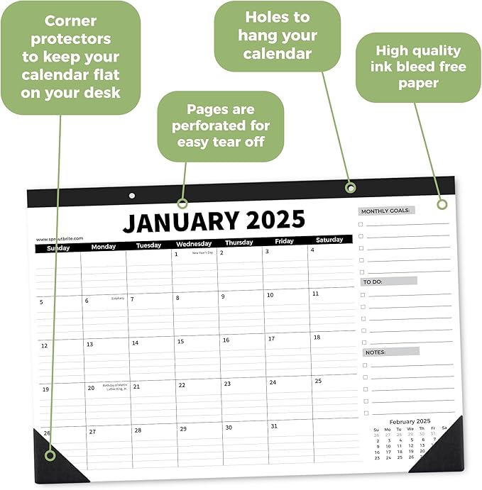 Sproutbrite 18 Month Desk Calendar 17" x 11.5" Medium Size Desktop Monthly Planner with To-Do List and Notes, Home, Office School Desk Calendar (1 PACK)