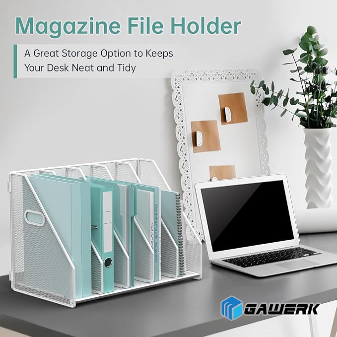 Desk File Organizer Metal Desk Magazine Folder Holder with 5 Vertical Compartments Rack File Organizer for Office, Home, School (White)