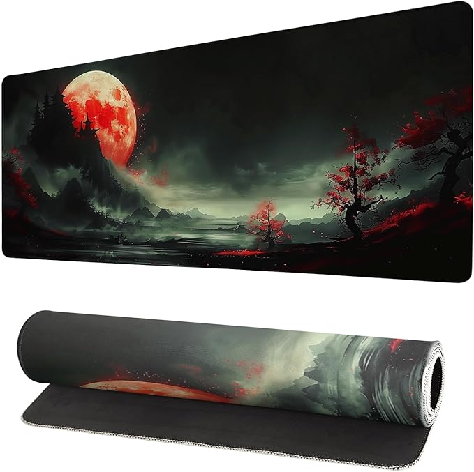 Extended Gaming Mouse Pad, Large Desk Mat XL Anime Mouse Pad Waterproof with Stitched Edges, Non-Slip Desktop Pad for Home and Office, Level Up Your 31.5x11.8 Inch (Red Moon)