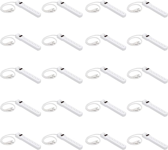 Amazon Basics Surge Protector Power Strip, 6-Outlet with 200J Protection, 2ft Extension Cord, Rectangle, White (20 Pack)