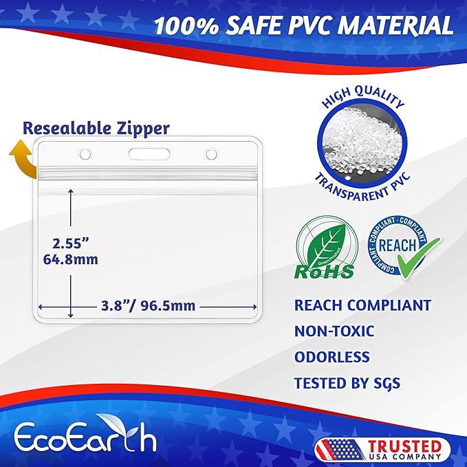 EcoEarth Horizontal PVC ID Badge Holder with Metal Clips and Vinyl Straps with Soft Edge (Sealable Fits 3.5x2.25 inch Inserts) (Clear 10-Pack), Waterproof ID Holder Bulk, ID Card Holder, Name Tag