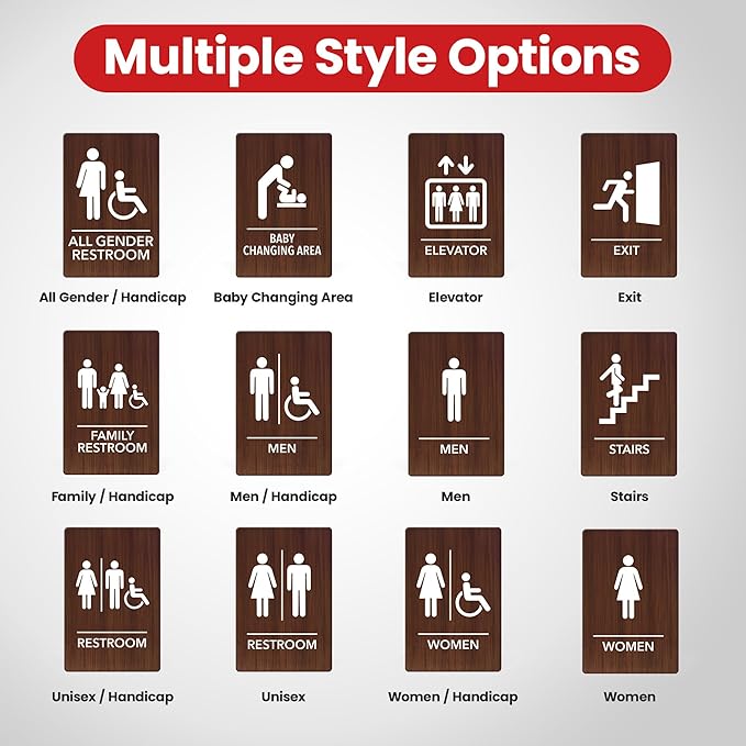 Promot Family Restroom Sign – ADA Braille Bathroom Sign for Business, Self-Adhesive, 9" x 6", Commercial Door Signage, Office Wall Decor - Walnut