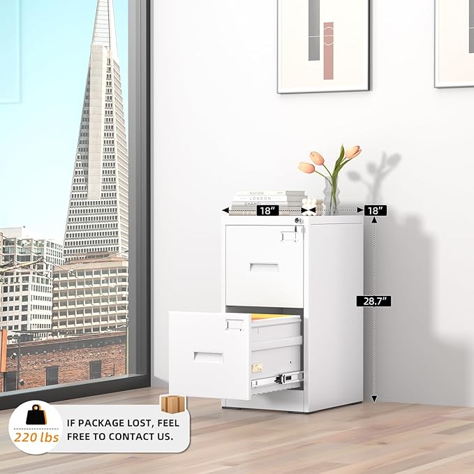 INTERGREAT 2 Drawer File Cabinet, White Metal Filing Cabinet with Lock, Lockable Narrow Storage Cabinet with 4 Adjustable Hanging Rods for Home Office