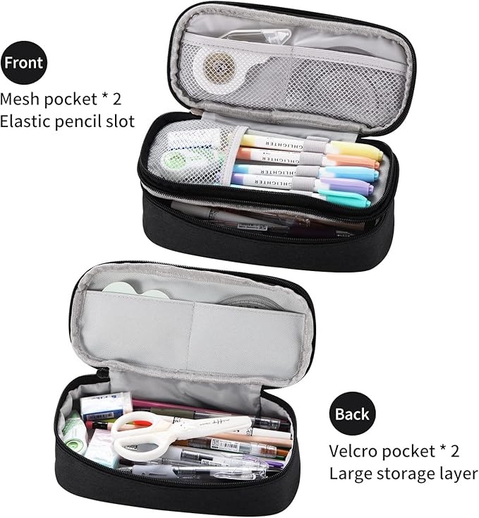 Dugio Big Pencil Case for Boys Organizer Pencil Bag with Zipper Pencil Pouch for School Teens Kids Aesthetic Large Pencil Pouch Black