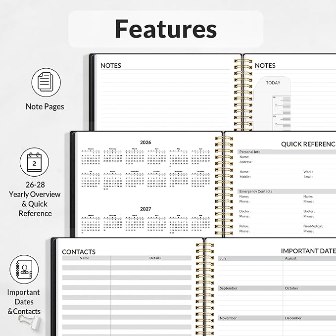 SUNEE 2026 Weekly and Monthly Planner - from January 2026 - December 2026, 8.5"x11" Daily Agenda Planner with Monthly Tab, Flexible Cover, Note Pages, Pockets, Bookmark, Spiral Binding, Black
