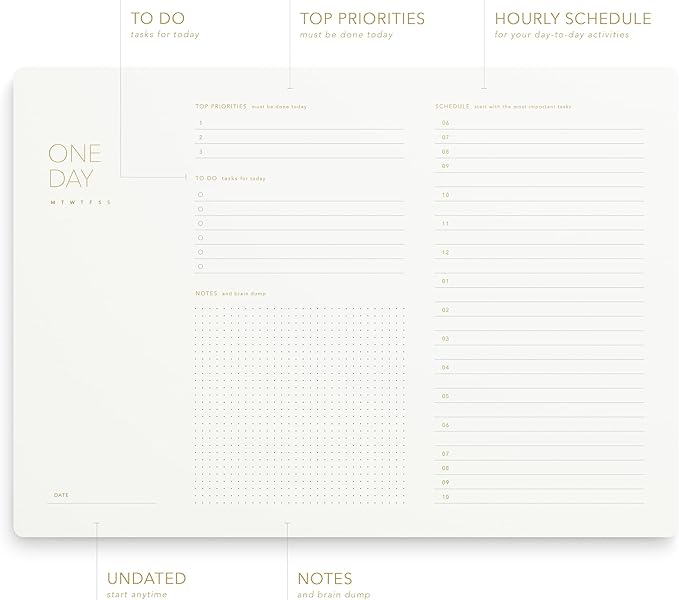 One Day, Elegant Daily Desk Planner, Gold Foiled, Minimalist Productivity Planner Pad, Time Blocking Hourly Schedule, To Do List Notepad, A4, 52 Pages, FSC™ Certified