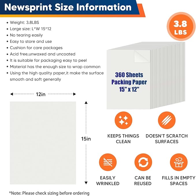15" x 12" Newsprint Paper for Packing Boxes, 360 Sheets Packing Paper for Moving Boxes, Newspaper Packing Materials, Ideal for Drawing, Sketching, Wrapping, Shipping, Packaging, Dishes Glasses Filler