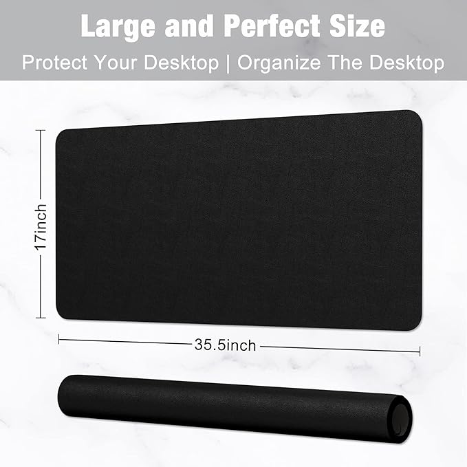 Hsurbtra Desk Pad, 35.5" x 17" PU Leather Desk Mat, XXL Extended Mouse Pad, Waterproof Desktop Blotter Protector, Non-Slip Ultra Thin Large Laptop Keyboard Writing Mat for Office Home, Black