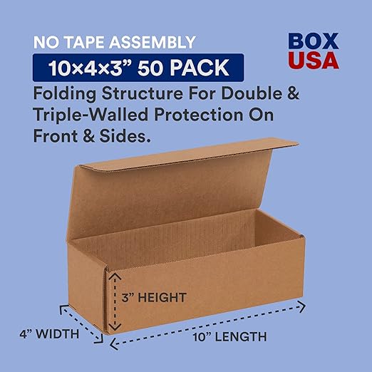 BOX USA Moving Boxes 10"L x 4"W x 3"H Long 50-Pack | Corrugated Cardboard Box for Packing, Moving and Storage 10x4x3 1043
