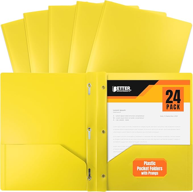 Better Office Products Yellow Plastic 2 Pocket Folders with Prongs, Heavyweight, Letter Size Poly Folders, 24 Pack, with 3 Metal Prongs Fastener Clips, Yellow