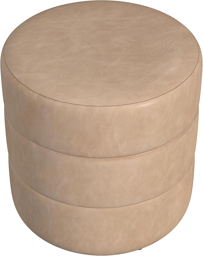 HomePop Upholstered Faux Leather Round Ottoman Home Décor|Foot Rest Ottoman- Sand Faux Leather