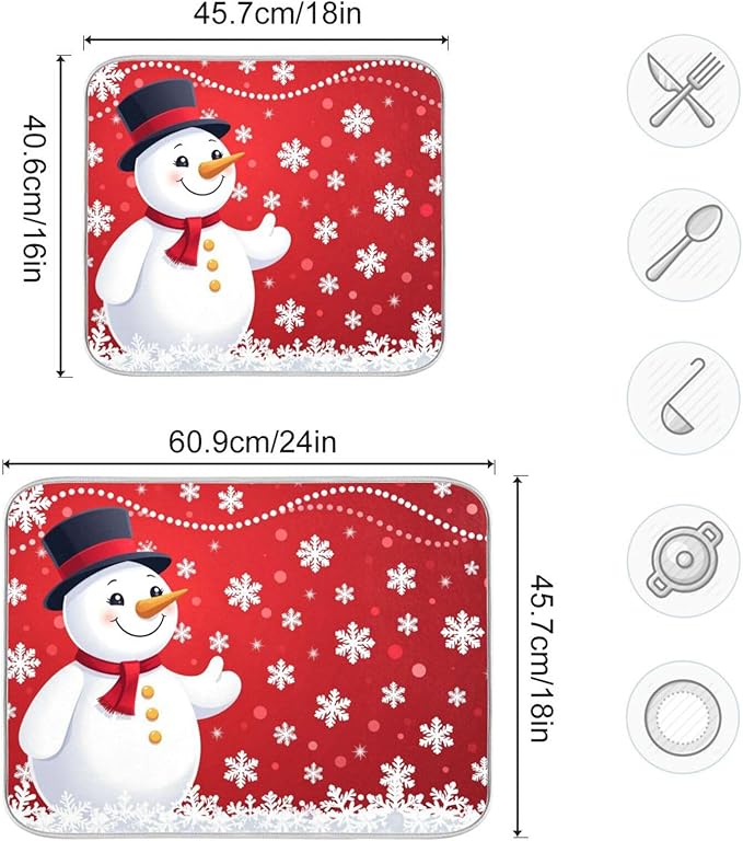 Christmas Snowflakes Snowman Dish Drying Mat 16 X 18 Inch Xmas Snowmen Winter Santa Dry Dishes Pads Tableware Mats Protector for Kitchen Countertops Counter Home Decorations