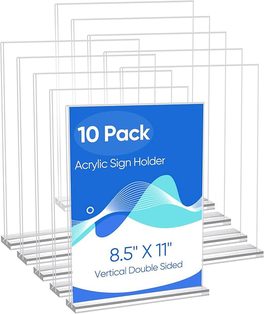 10 Pack Acrylic Sign Holder 8.5 x 11, Clear Double Side T Shape Acrylic Table Sign Stands for Display, Flyer Holder Paper Card Holder for Office Business Store Malls Restaurants