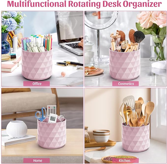 Desk Organizer,Sparkling Diamond-like Pen Holder for Desk 360°Rotating Office Accessories,Pencil Cup with 5 Compartments Storage Box Caddy for Office,School,Home,Art Supply(Pink)