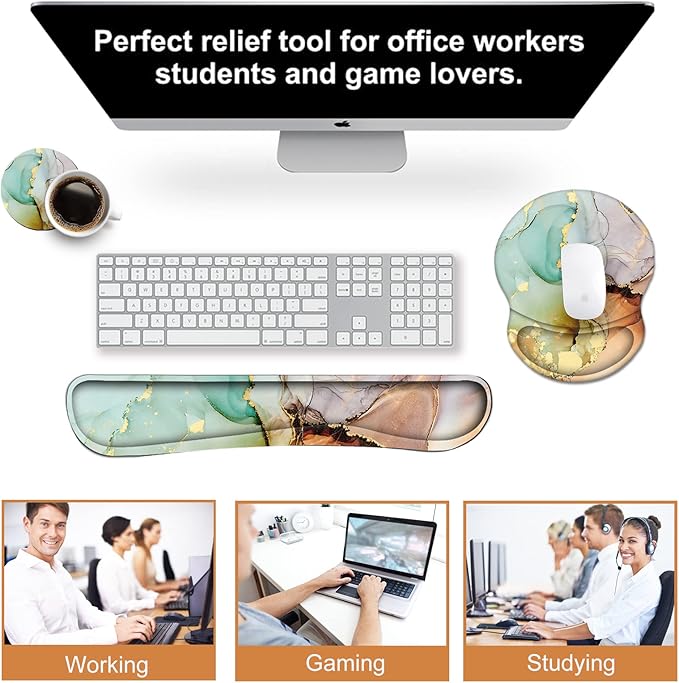 ArtSo Mouse Pad Keyboard Wrist Rest Support Ergonomic, Upgraded Cushion Mousepad Gel Memory Foam Non-Slip Rubber Base Pain Relief & Easy Typing for Home,Office, Abstract Art Marble