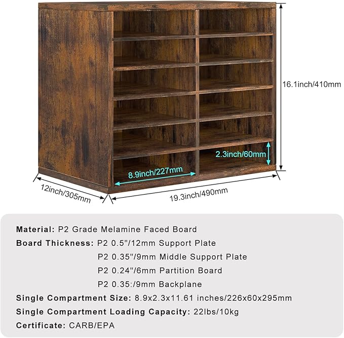 PAG Countertop Mail Sorter Organizer, Wooden Literature Organizer, Student Mailbox for Classroom, Desktop Bill Organizer for Office Home School, 12 Compartments, Antique Brown