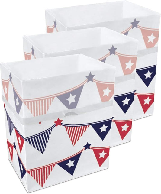 | 13 Gallon Disposable Trash Cans (3-Pack) with Fitted Trash Bags - Reusable Garbage and Recycling Bins for Parties, Events, and More (USA Flag - 17" Height x 13.5" Width x 10" Depth)
