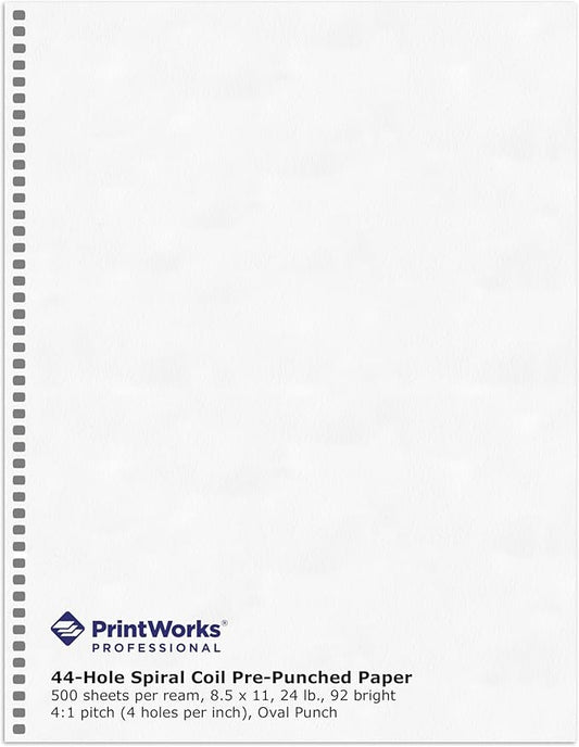PrintWorks Professional Pre-Punched Spiral Binding Paper - 44-Hole (4:1 Pitch Hole Punch) - Book Binding Printer Paper - Made in the USA - 500 Sheets - 8.5" x 11" - 24 lb - 92 Bright White (04147)