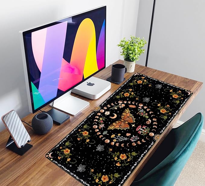 Moth Desk Pad Mushroom Phase Moon Phase Desk Mat, Boho Flowers and Leaves Computer Big Mouse Pad Washable Cloth Non-Slip Rubber Base Keyboard Pad Mouse Mat for Office with Stitched Eges 31.5x15.7 in