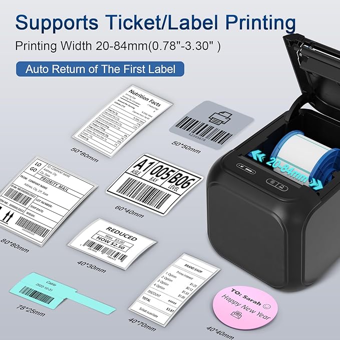 CLABEL Desk Bluetooth Barcode Label Printer: Label Maker with Direct Thermal Printing, 2 Inch Print Width for Barcodes Address Shipping Warehouse with 1 Roll 40x30mm Label (3 Inch Soot)