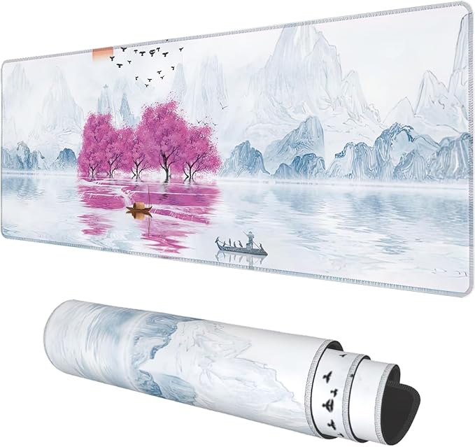 Desk Mat, Cherry Blossom Tree Oil Ink Painting Extended Gaming Mouse Pad Large, 31.5"x11.8" Big Mouse Pad with Non-Slip Base and Stitched Edge, Long Computer Keyboard Mouse Mat for Home Office Work