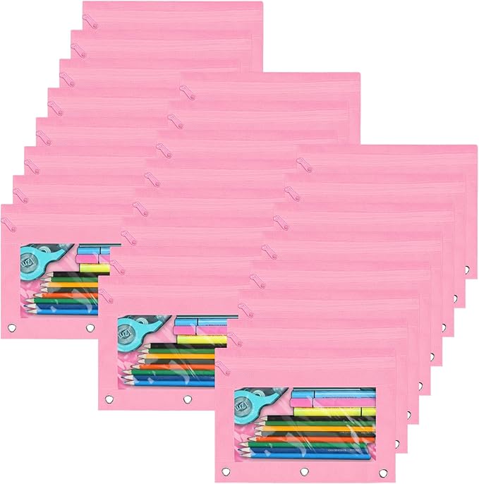 YoeeJob Pencil Pouch for 3 Ring Binder, Zipper Binder Pencil Pouches Bulk, Pencil Case with Clear Window for Class, Office, Pale Pink, 24 Packs