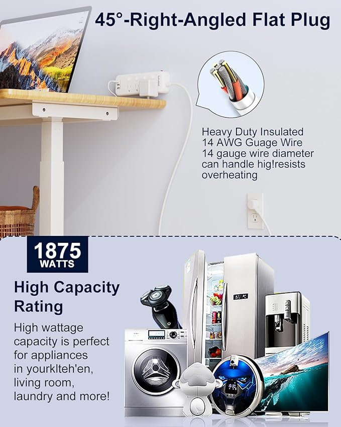 Appliance Extension Cord with Individual Switches on Off - 5 FT, 14 Gauge Heavy Duty Extension Cord with USB Ports, 8 outlets, High Wattage for Microwave, Workbench, Kitchen, Garage Must Have