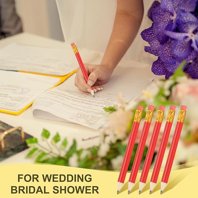 MECCANIXITY Golf Pencils with Erasers, 4" HB Mini Half Pencils Pre Sharpened Small Pens for Wedding Bridal Shower Game Office Writing Drawing(Red, Pack of 50)