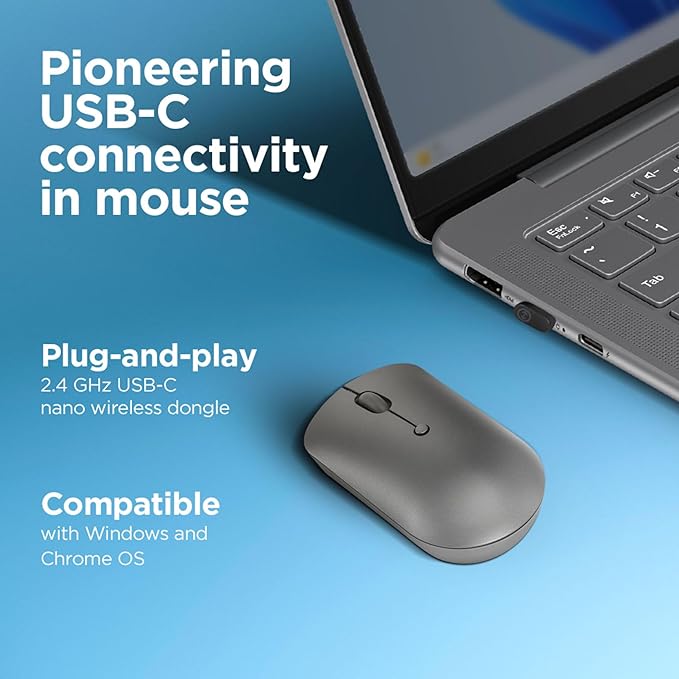 Lenovo 540 Wireless Computer Mouse for PC, Laptop, Computer with Windows or Chrome OS - 2.4 GHz USB-C Wireless Pairing Receiver - Compact Size - 18-Months Battery Life - Ambidextrous - Storm Grey