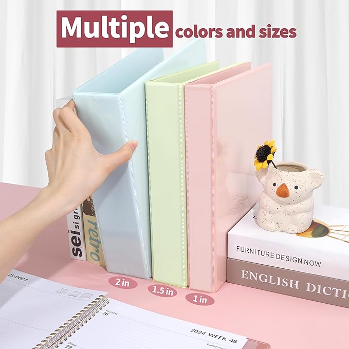 SUNEE 3 Ring Binder 1 Inch D Ring, Clear View Binder Three Ring PVC-Free (Fit 8.5x11 Inches) for School or Office Supplies, Assorted Pastel, 4 Pack