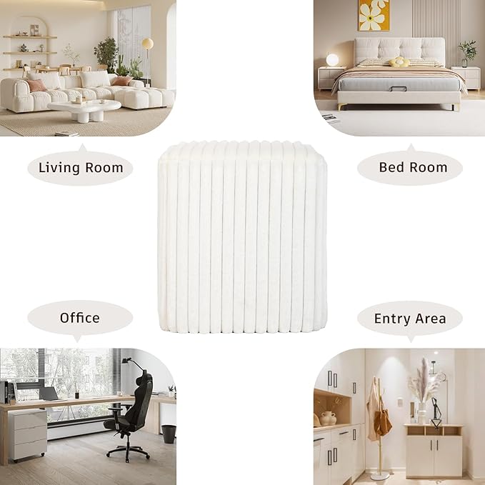 Modern Square Ottoman 2Pcs, Vertical Channel Tufted Foot Stool Ottoman, Velvet Upholstered Vanity Stool for Makeup, Bedroom, Living Room, White