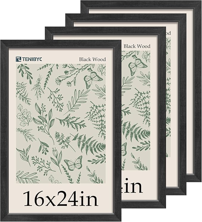 16x24 Poster Frame 4 Pack - Black Solid Wood Picture Photo Frame - Woodgrain Series - Room, Office, Gallery, Studio Display - Wall Hanging