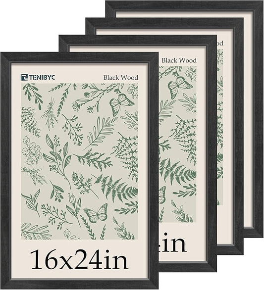 16x24 Poster Frame 4 Pack - Black Solid Wood Picture Photo Frame - Woodgrain Series - Room, Office, Gallery, Studio Display - Wall Hanging